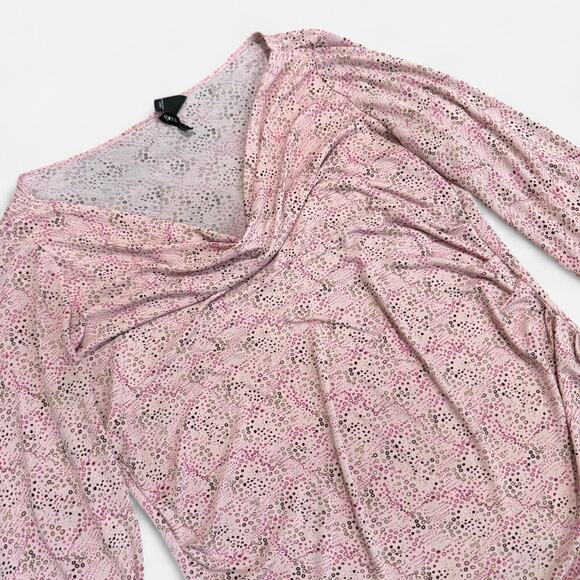 Mix It Pink & Brown Dotted Bubbly Pattern Cowl Neck Ruched Form Fitting Top XL - Picture 7 of 8